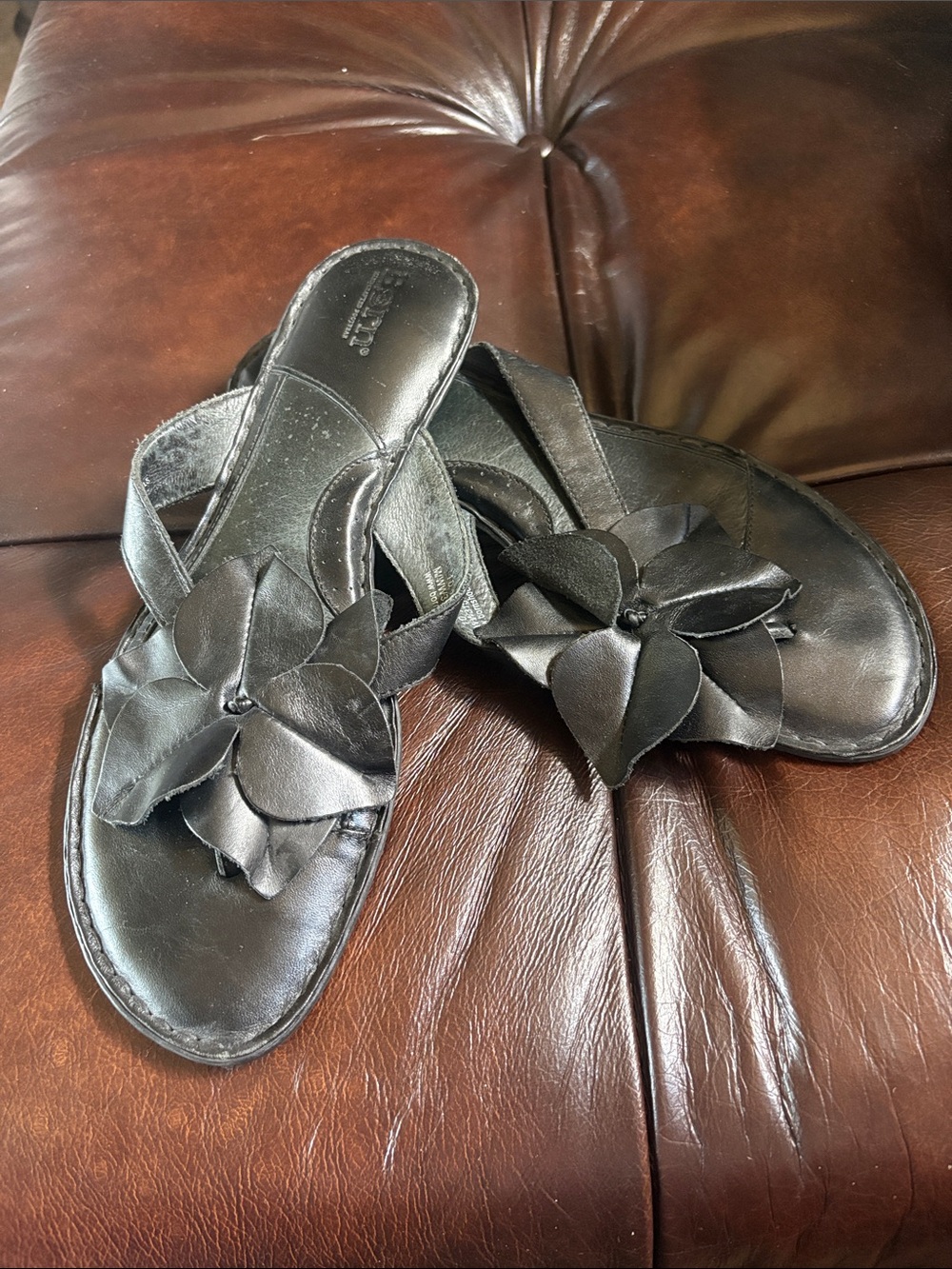 Born Black Leather Floral Slide Sandals